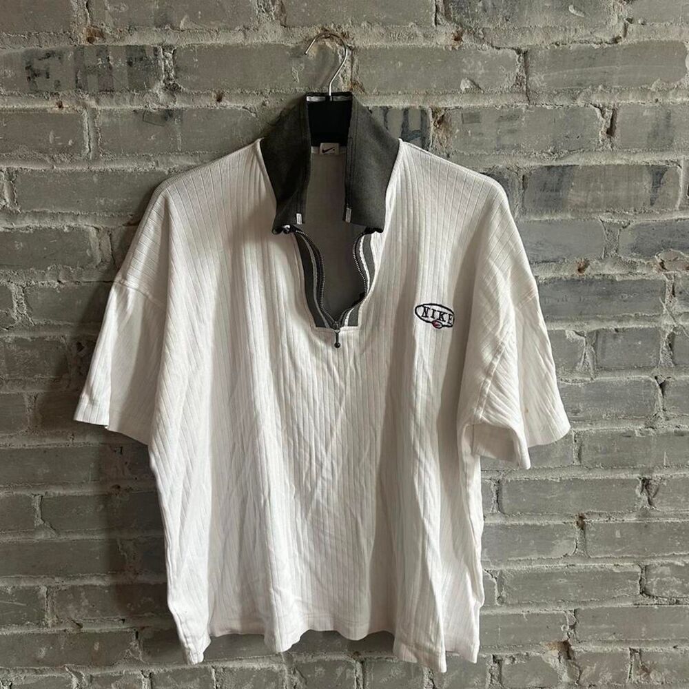 VTG 90s Nike Ribbed 1/4 Zip Polo Shirt White Grey Oval Logo Distressed